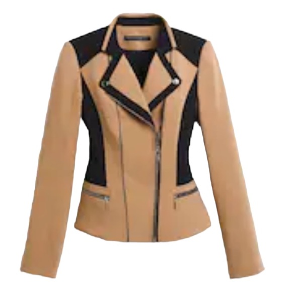 White House Black Market Jackets & Blazers - WHBM Blazer Jacket, Moto Asymmetrical Zippers, Tan Black, EUC, Sz 10